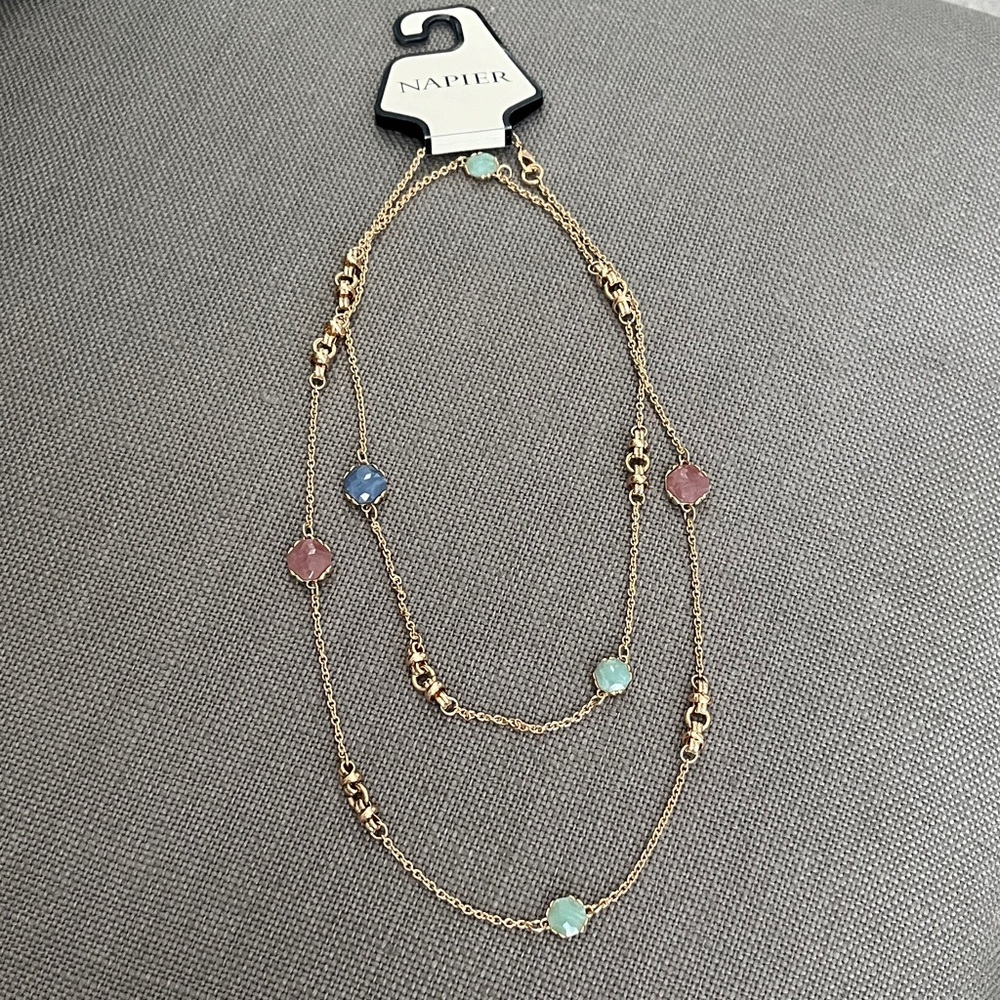 Napier, Long, One Piece Gold Necklace w/ Pink, Blue & Green Stones